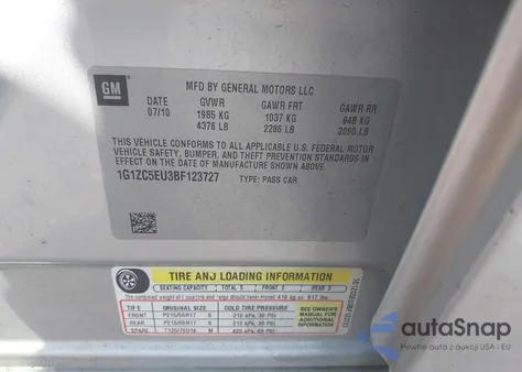 2011 Chevrolet Malibu 1Lt из США, поврежденный, VIN 1G1ZC5EU3BF123727